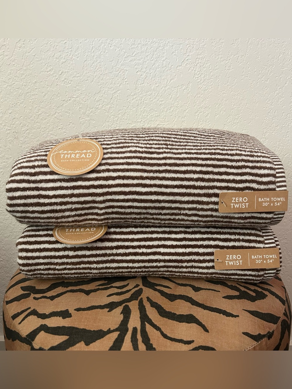 NEW Common Thread Eco-Melange Bamboo Zero Twist Brown MiniStriped Bath Towel Set